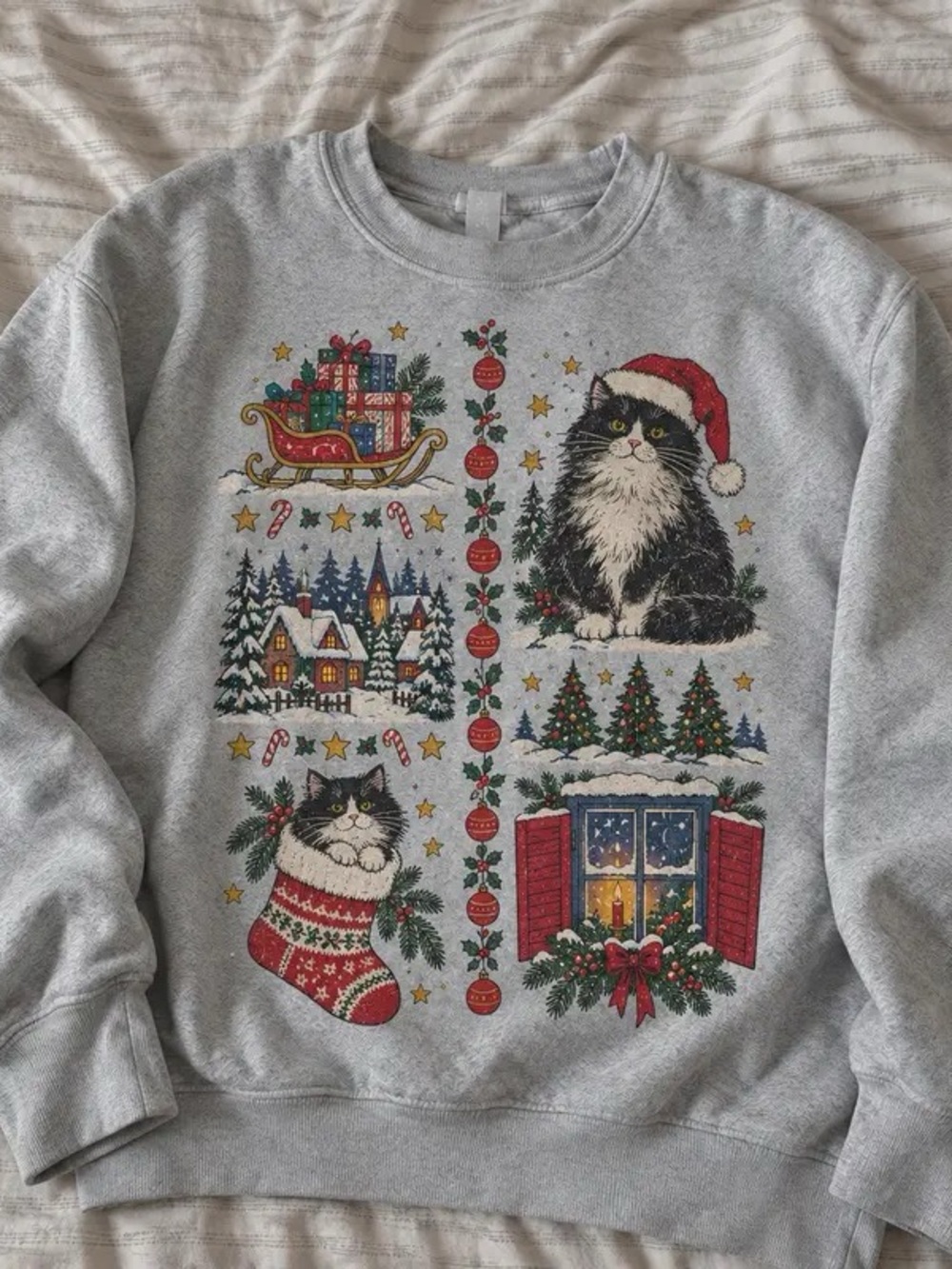 Vintage Christmas Cat Graphic Sweatshirt 90s Holiday Village and Sleigh Shirt